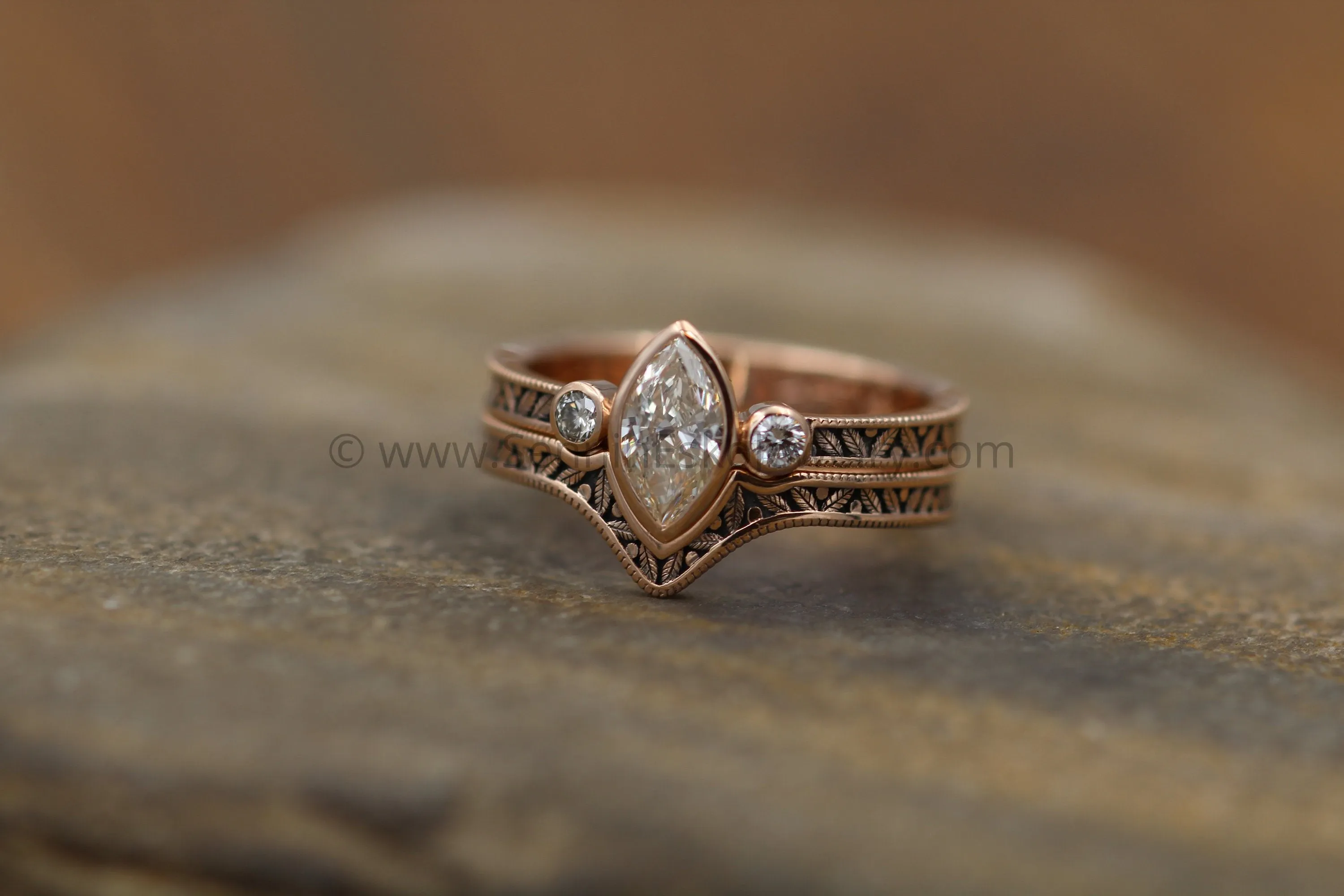 Diamond Rose Gold Hand Made Vintage Engagement Ring Set - Marquise Ring - Leaf