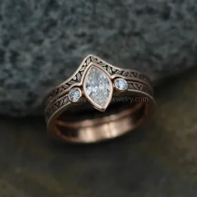 Diamond Rose Gold Hand Made Vintage Engagement Ring Set - Marquise Ring - Leaf