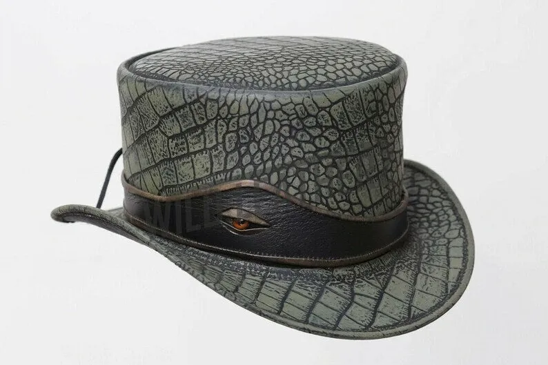 Distress Wax Crocodile Plated Leather Eye Band Steampunk Motorcycle Top Hat