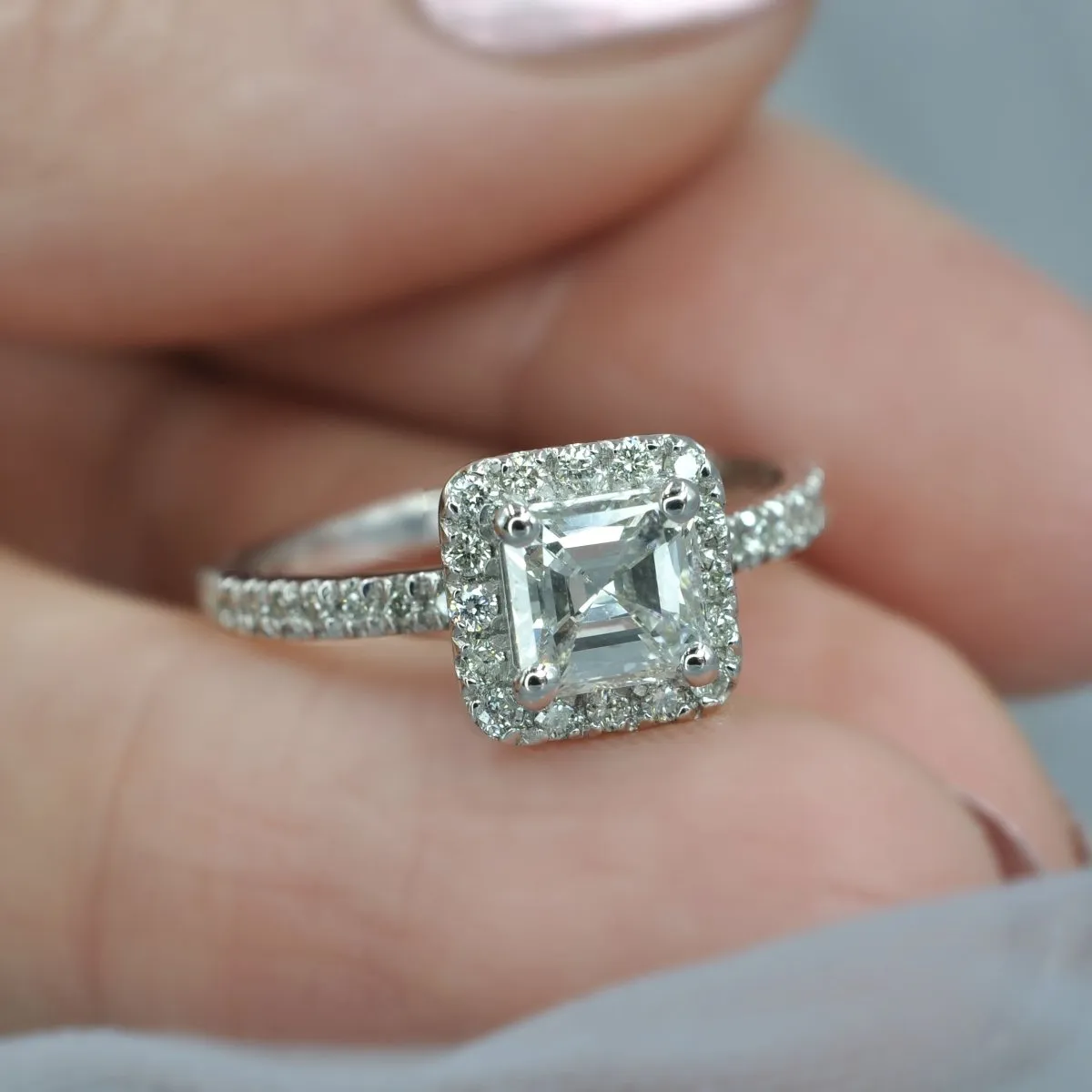 Ecstatic 1.45CT Asscher and Round Cut Diamond Engagement Ring in Platinum