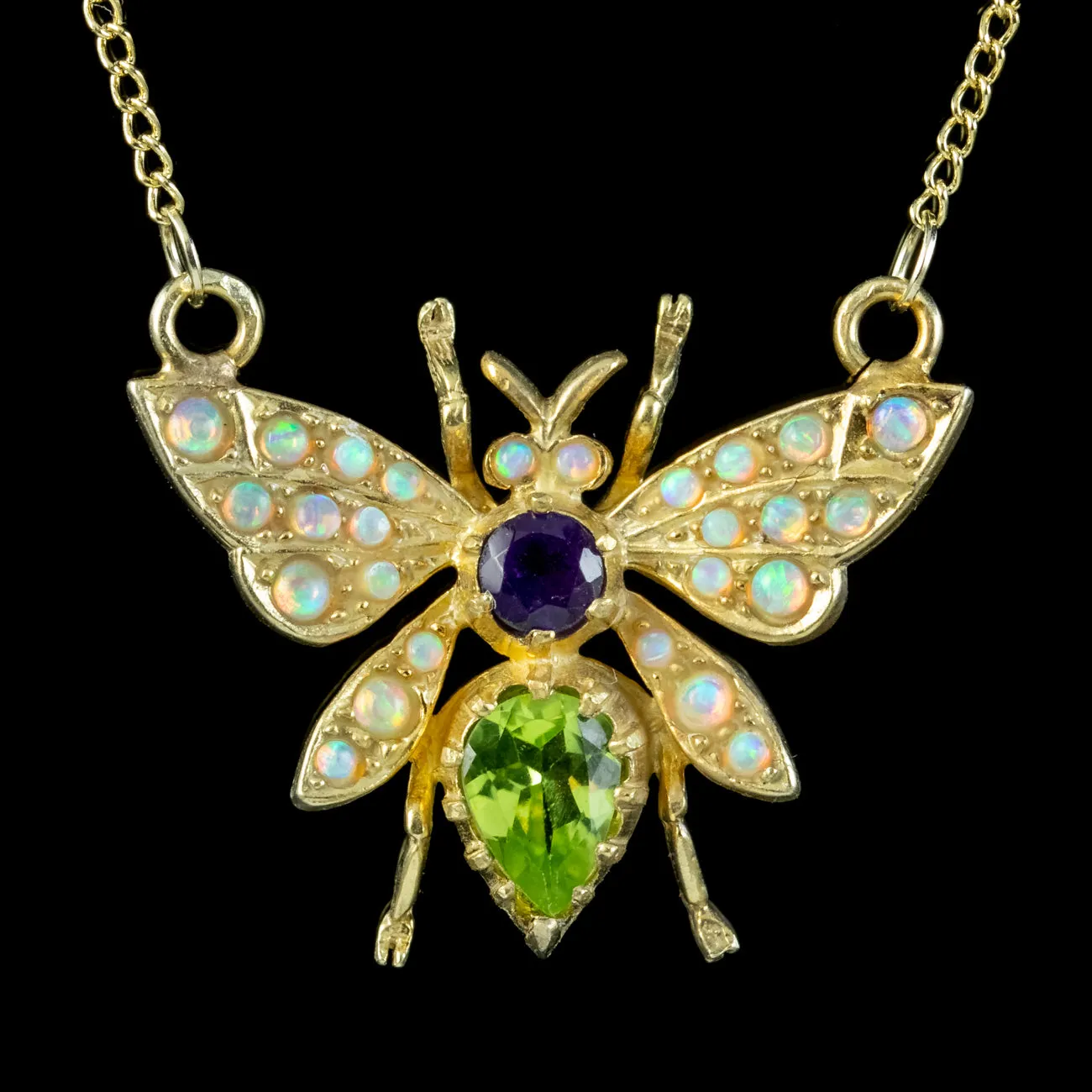 Edwardian Suffragette Style Bee Necklace Peridot Opal Amethyst