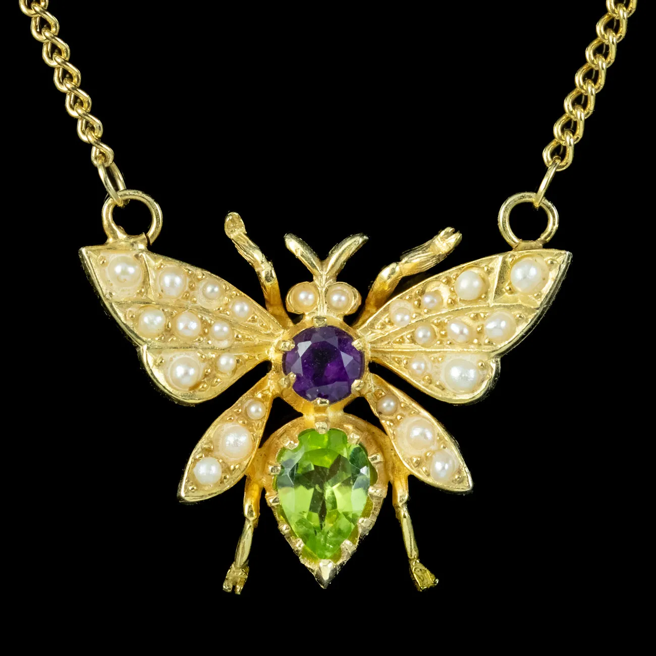 Edwardian Suffragette Style Bee Necklace Peridot Pearl Amethyst