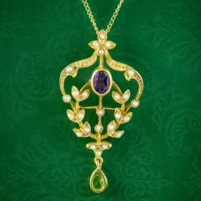 Edwardian Suffragette Style Pendant Necklace Amethyst Pearl Peridot