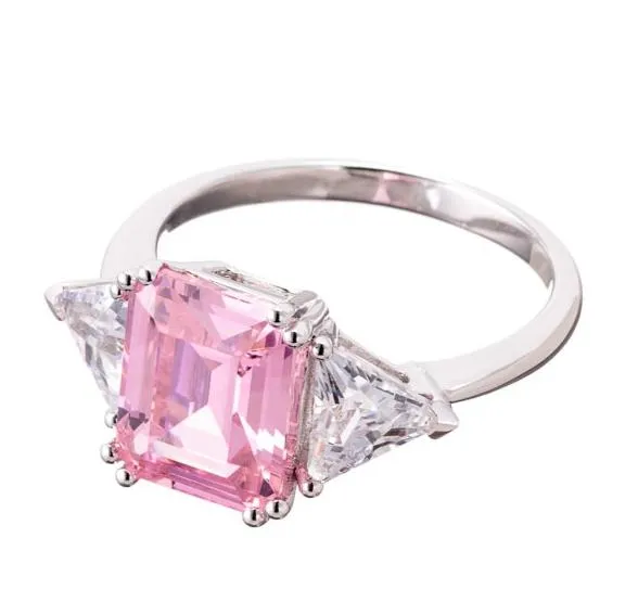 Emerald Cut Faux Pink Diamond Cubic Zirconia Engagement Ring In Sterling Silver