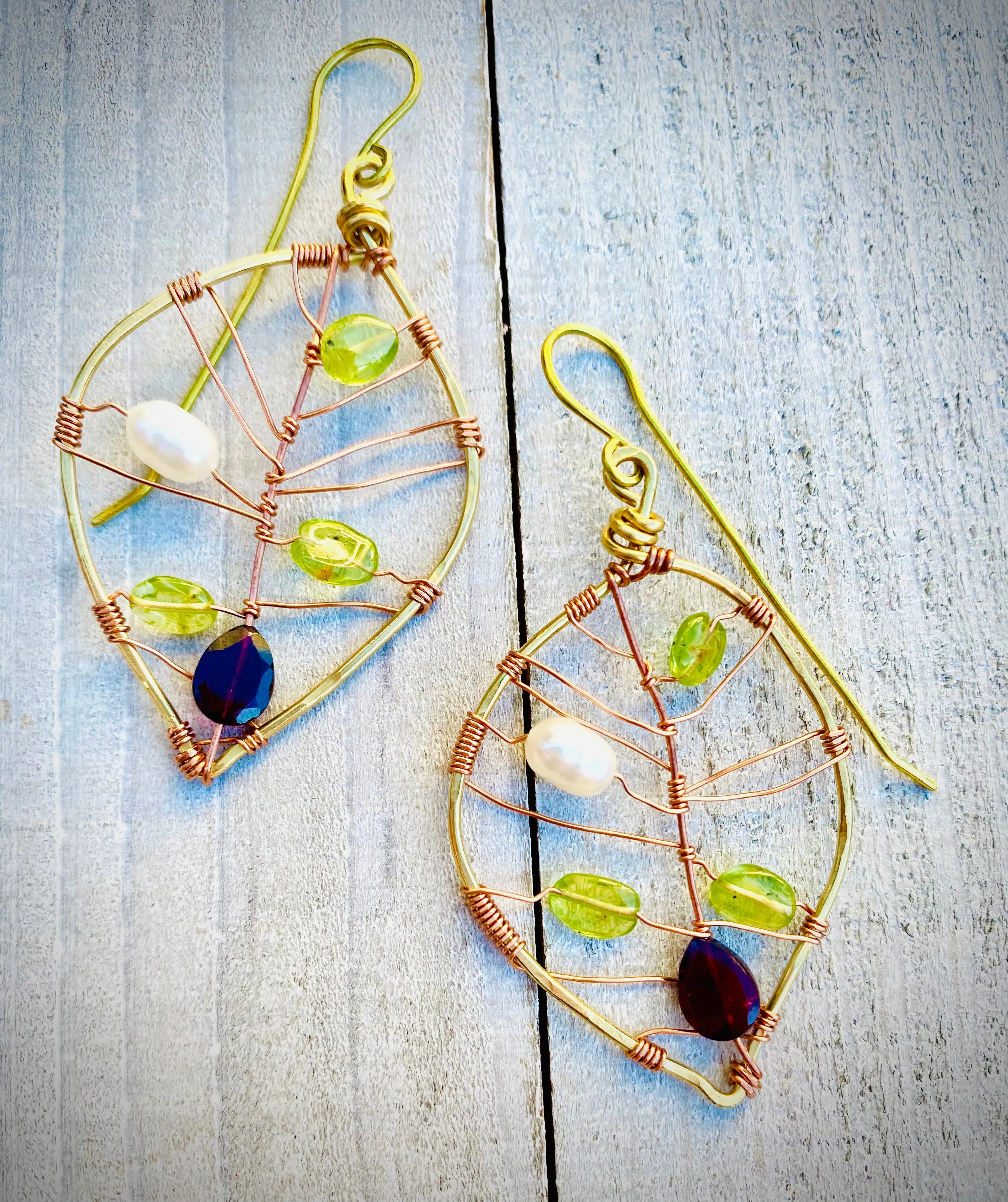 Em'z Blendz Peridot, Fresh Water Pearl & Rhodolite Garnet Leaf Earrings | Handcrafted Jewelry