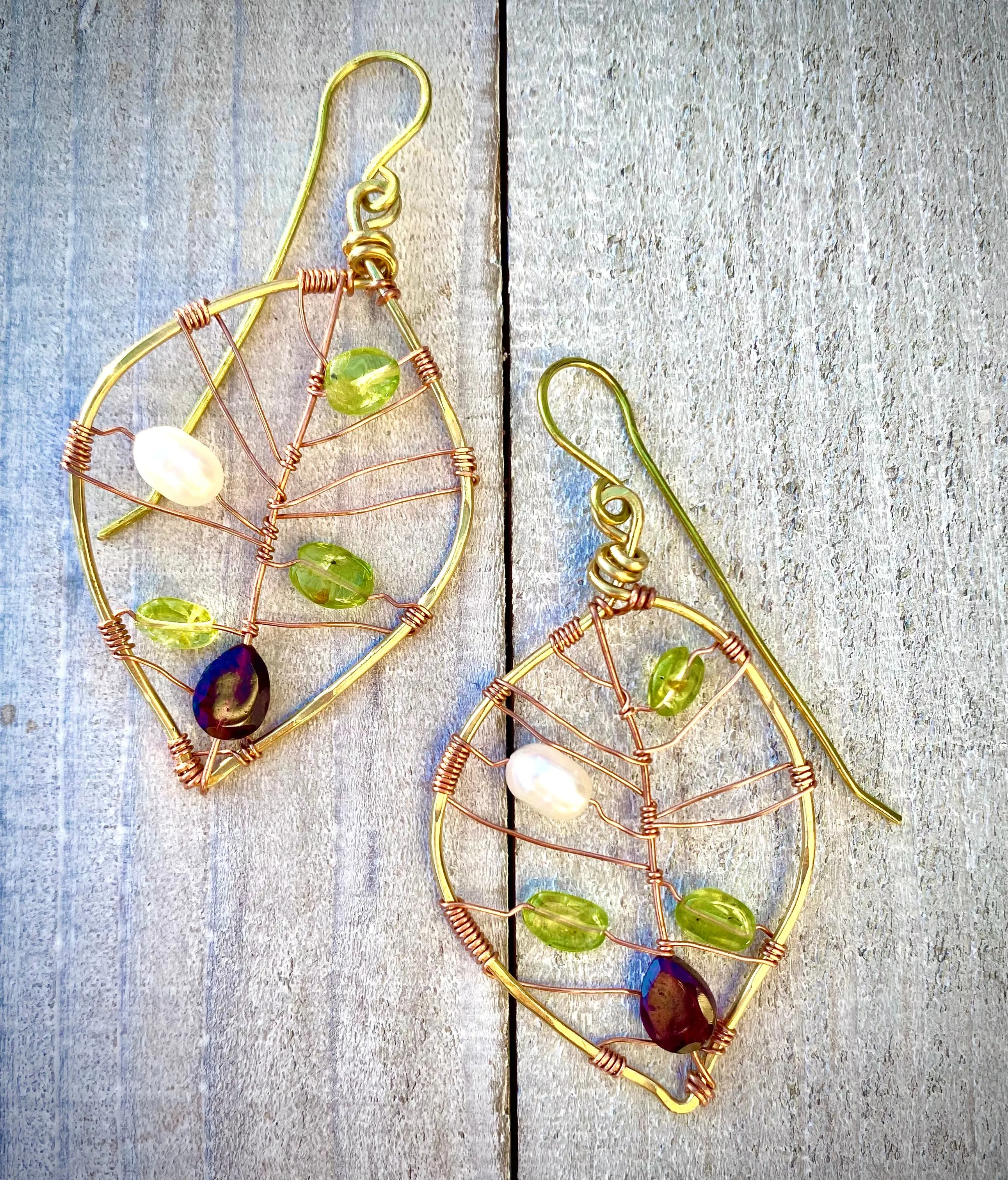 Em'z Blendz Peridot, Fresh Water Pearl & Rhodolite Garnet Leaf Earrings | Handcrafted Jewelry