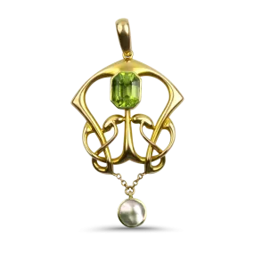 Estate 15K Yellow Gold Peridot & Mother-of-Pearl Pendant