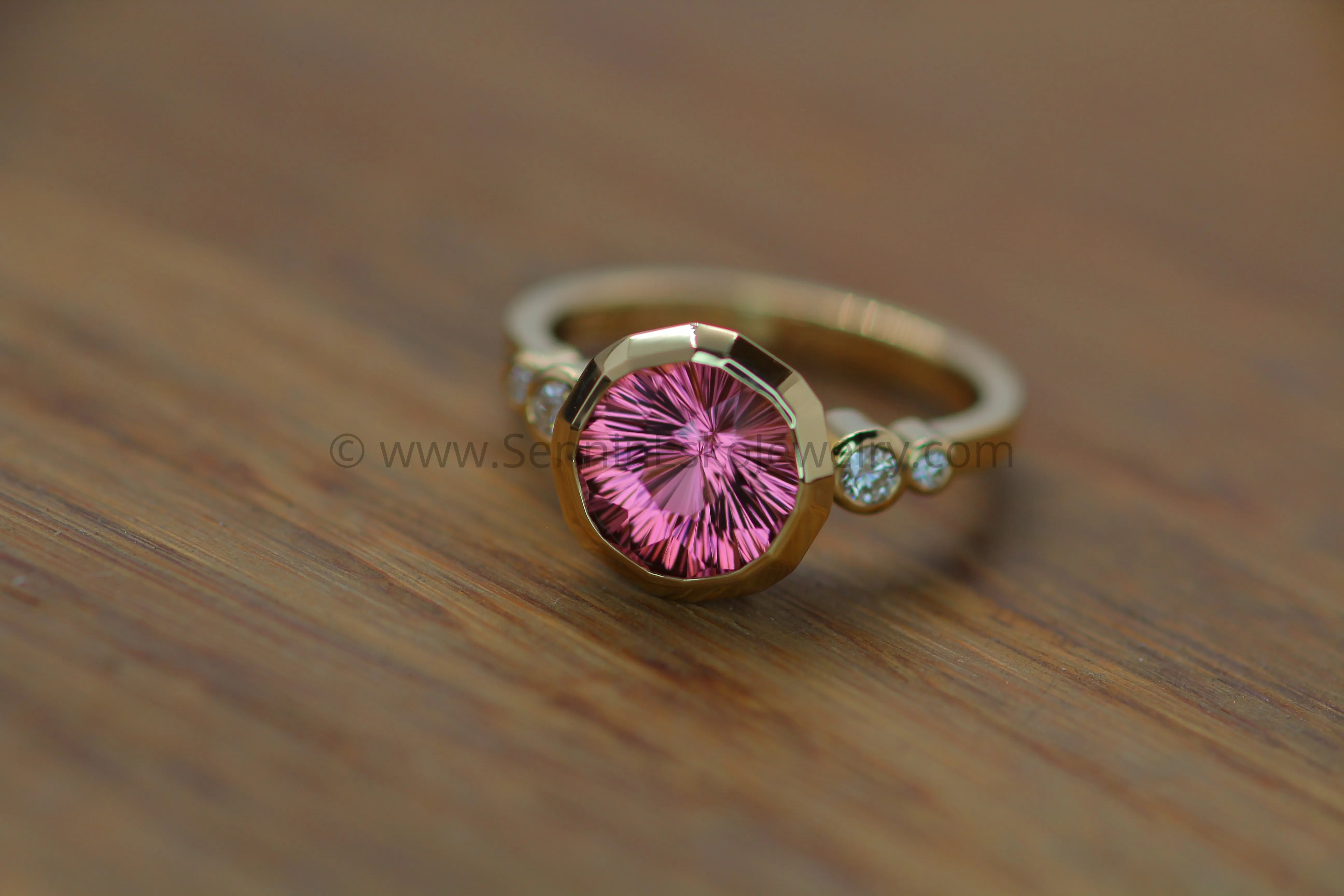 Five Stone Diamond Accented Multi Bezel Setting with a Faceted Texture Center Bezel - Depicted with a Fantasy cut Pink Tourmaline (Setting Only, Center Stone Sold Separately)