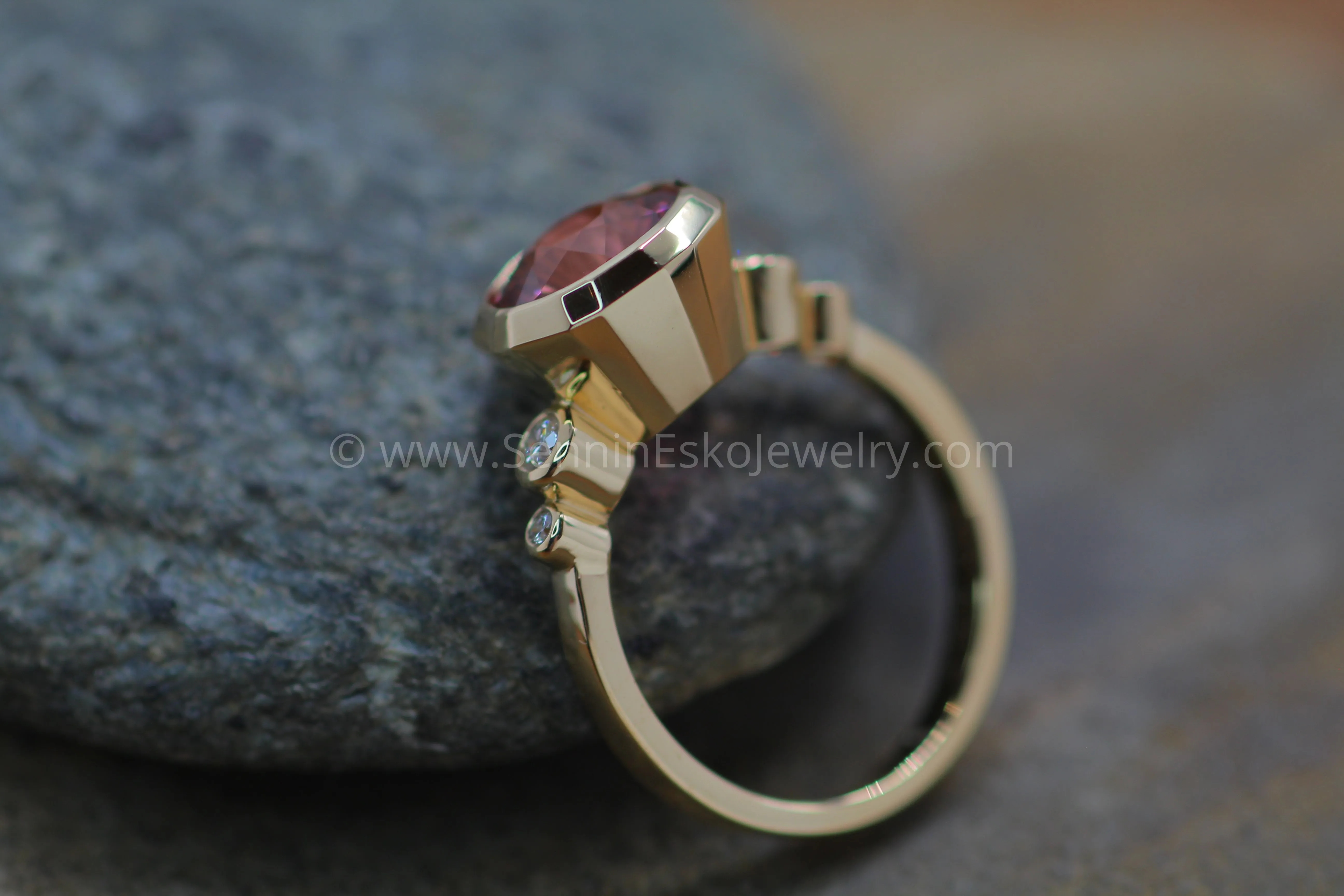 Five Stone Diamond Accented Multi Bezel Setting with a Faceted Texture Center Bezel - Depicted with a Fantasy cut Pink Tourmaline (Setting Only, Center Stone Sold Separately)