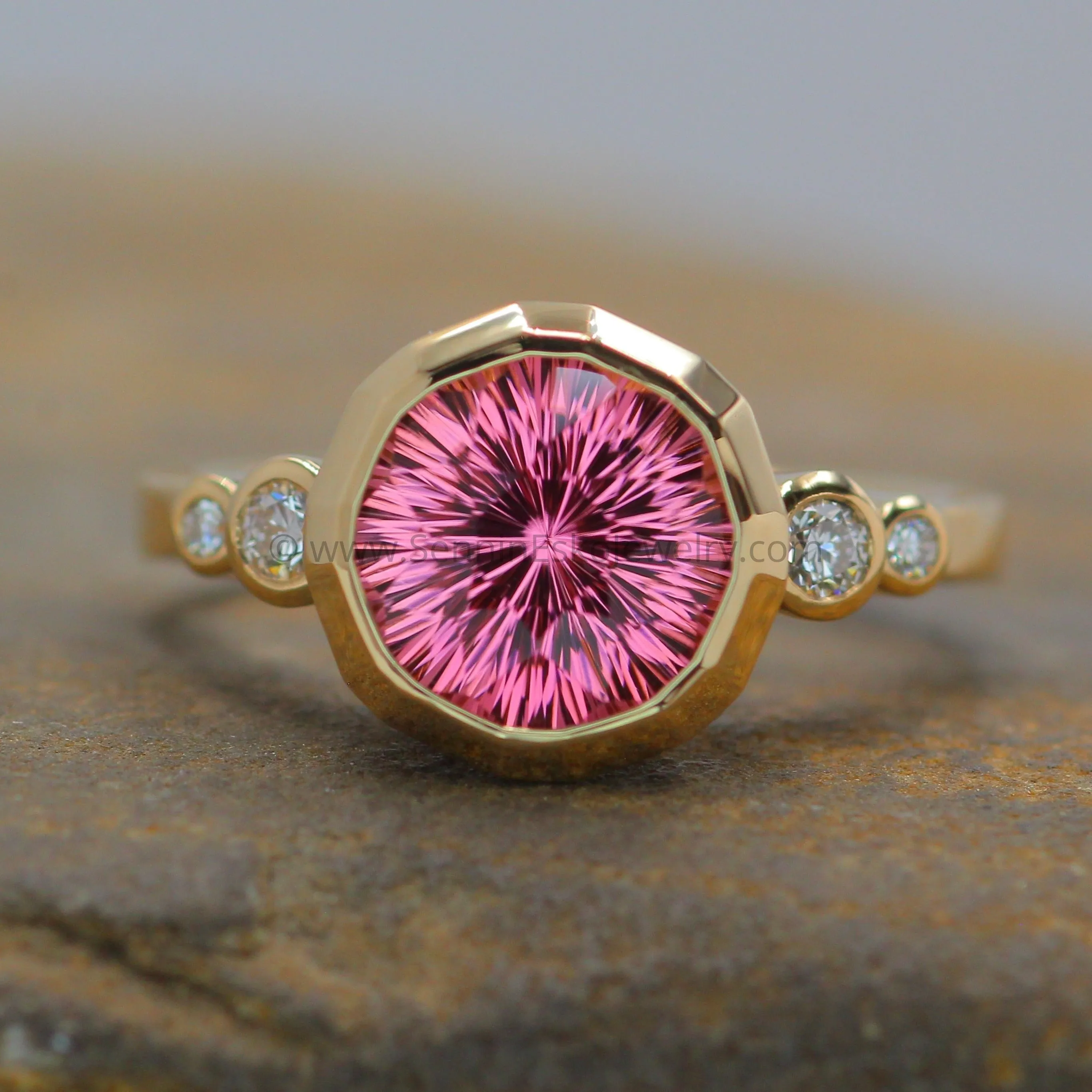 Five Stone Diamond Accented Multi Bezel Setting with a Faceted Texture Center Bezel - Depicted with a Fantasy cut Pink Tourmaline (Setting Only, Center Stone Sold Separately)