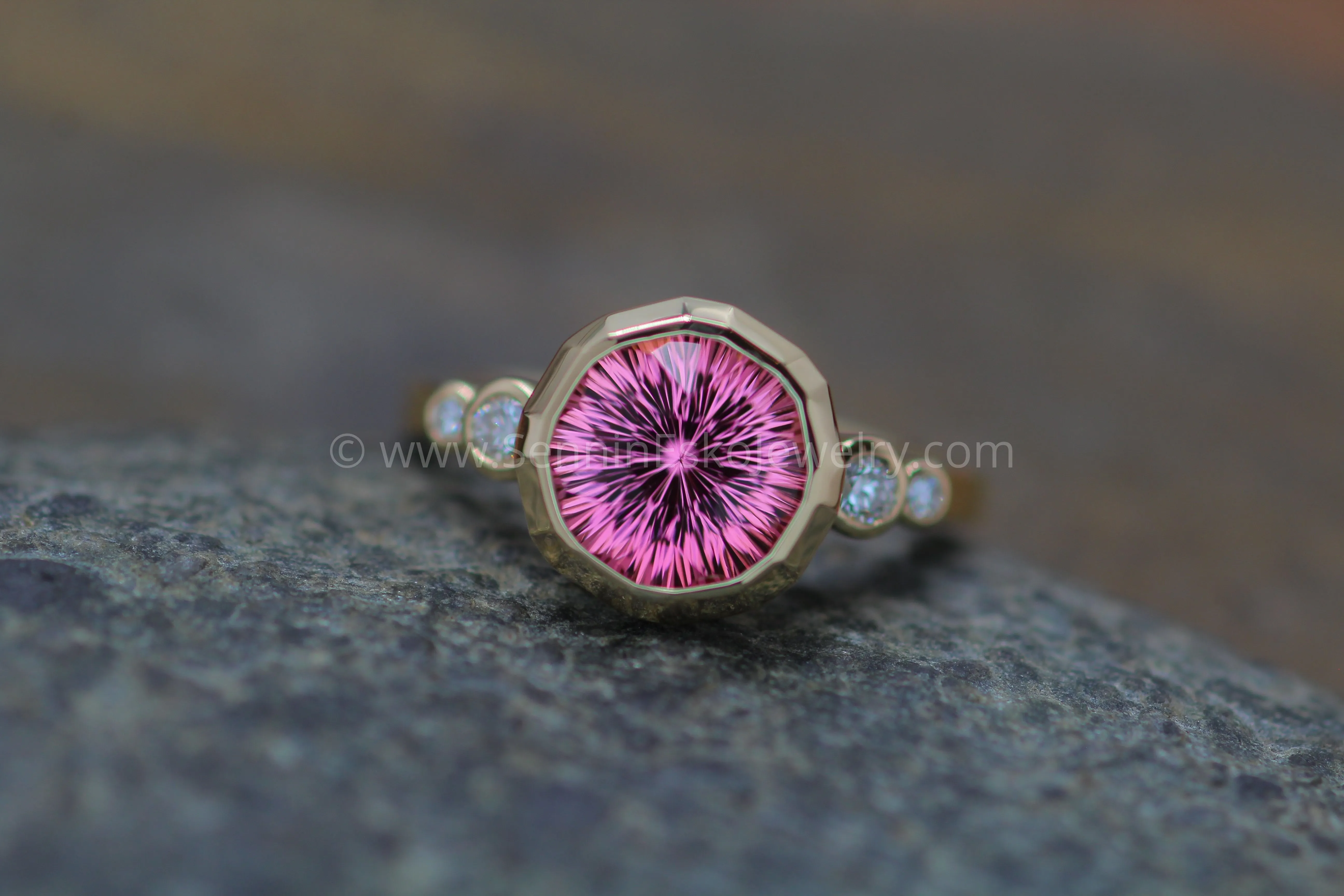 Five Stone Diamond Accented Multi Bezel Setting with a Faceted Texture Center Bezel - Depicted with a Fantasy cut Pink Tourmaline (Setting Only, Center Stone Sold Separately)