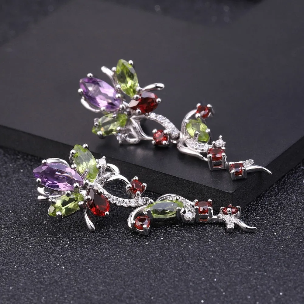 Flower Multicolor Natural Peridot Amethyst Drop Earrings (925 Sterling Silver)