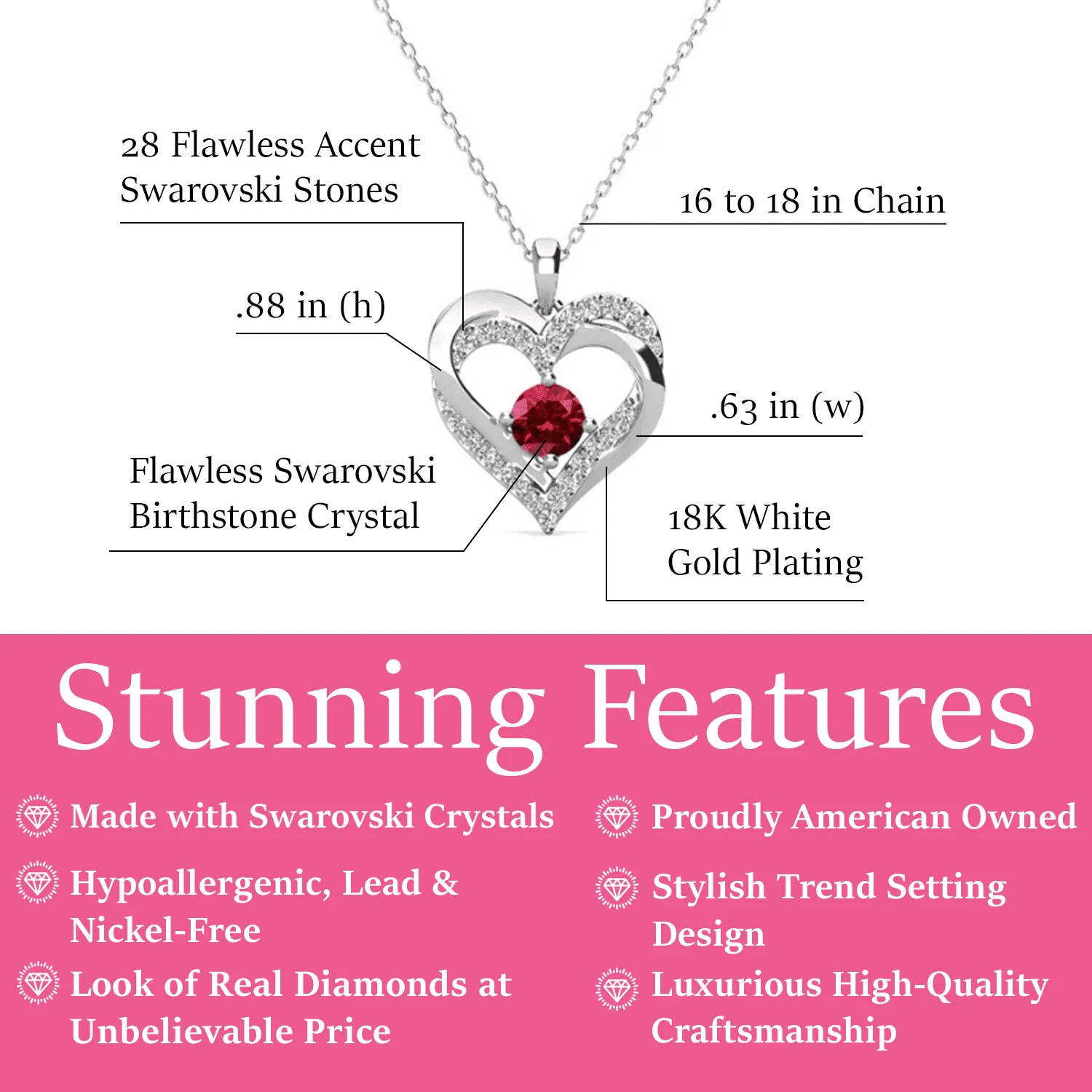 Forever January 18k White Gold Plated Garnet Birthstone Double Heart Necklace with Swarovski Crystals