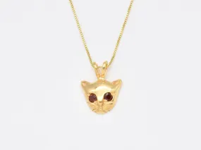 Gold Cat Necklace - Natural Garnet Pendant - Cat Lover Pendant