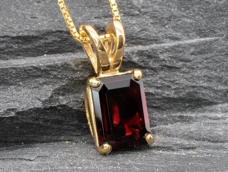 Gold Garnet Necklace - Natural Garnet Necklace - Emerald Cut Garnet Pendant