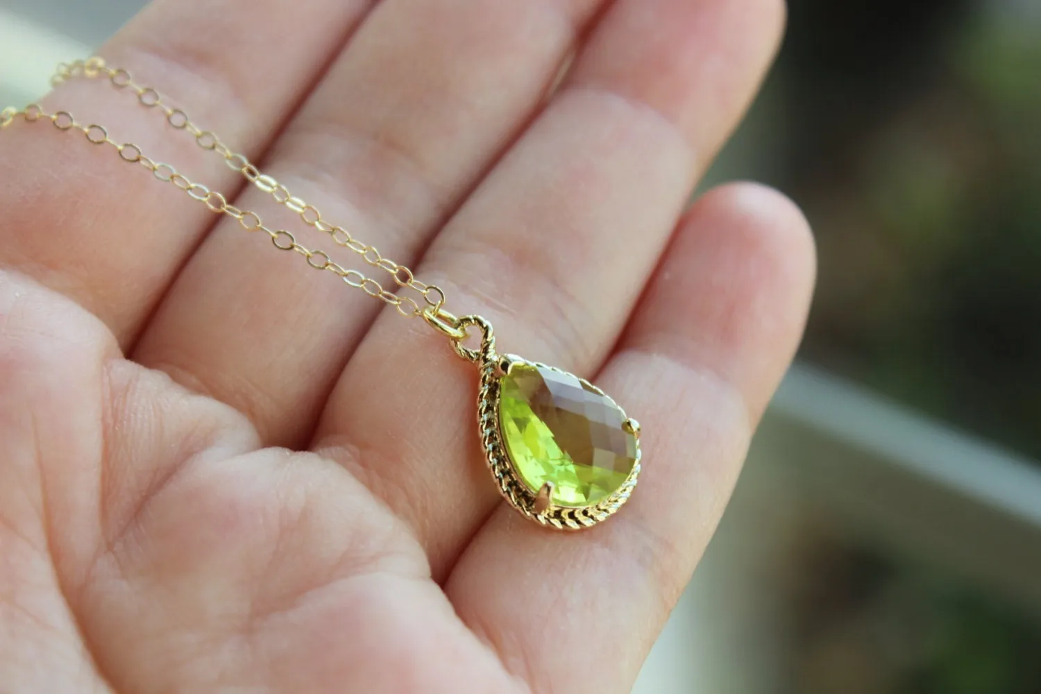 Gold Peridot Necklace Apple Green Teardrop Jewelry - Bridesmaid Necklace - Peridot Bridesmaid Jewelry Peridot Apple Green Wedding Jewelry