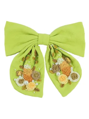 Green Cotton Hand-Embroidered Bow Hairpin