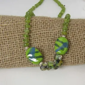 Green Handmade Kazuri and Peridot Beaded Necklace