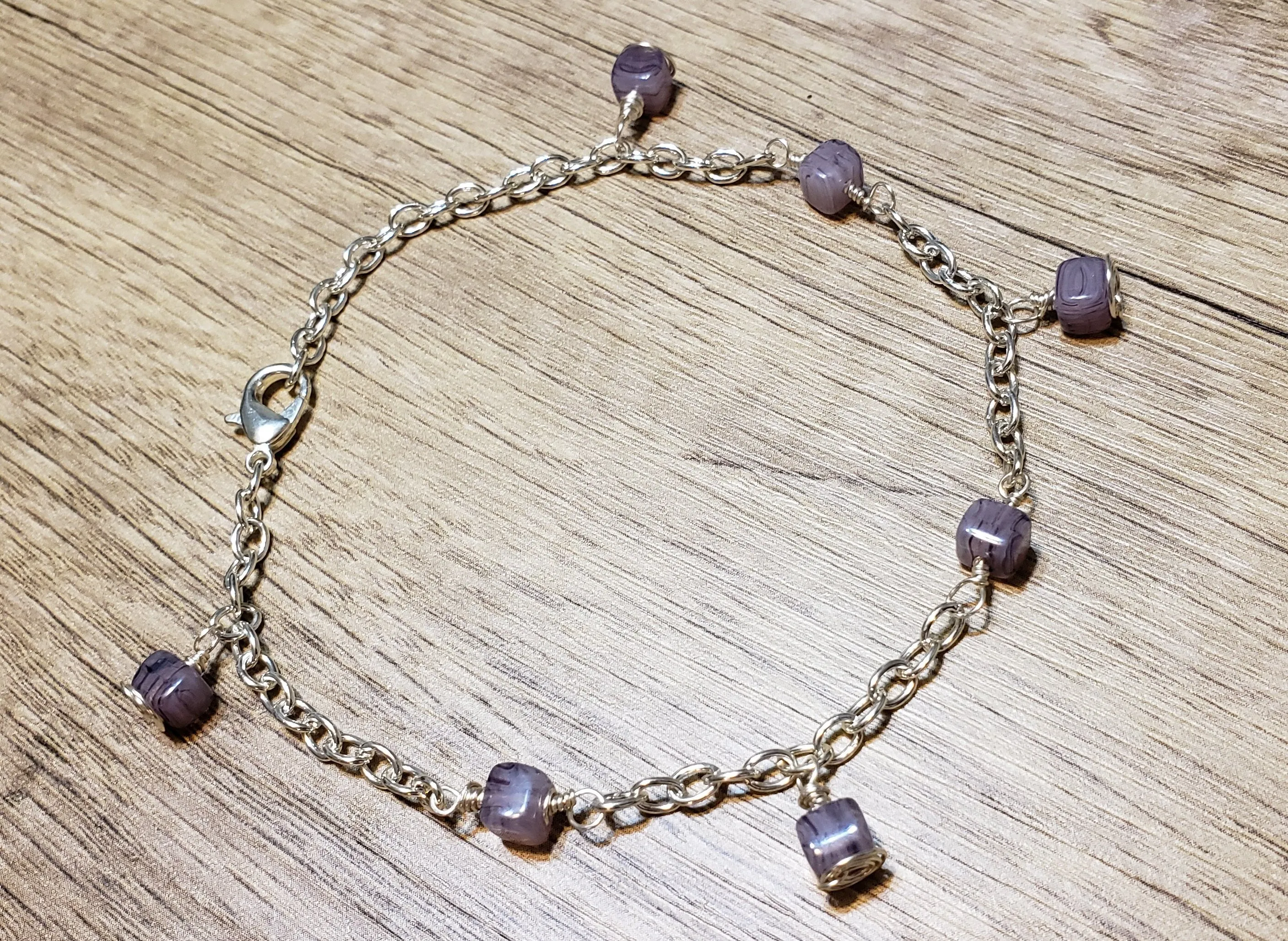 Hand Crafted Purple Czech Glass & Non Tarnish Silver Tone Chain Anklet with Dangle Accents. Adjustable up to 10" with Lobster Claw Clasp.