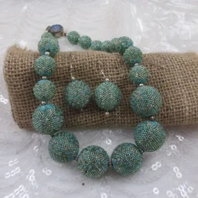 Handmade Aqua Beaded Bead Necklace &  Earrings