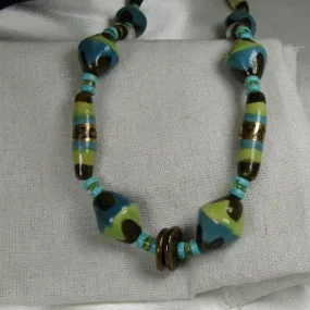 Handmade Green Turquoise & Brown Kazuri Necklace