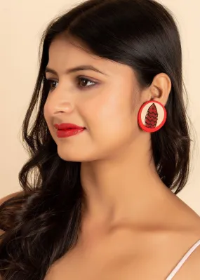 Handmade Red Beige Ajrakh Fish Fabric Stud Earrings, Non-Allergic Fashion Jewelry