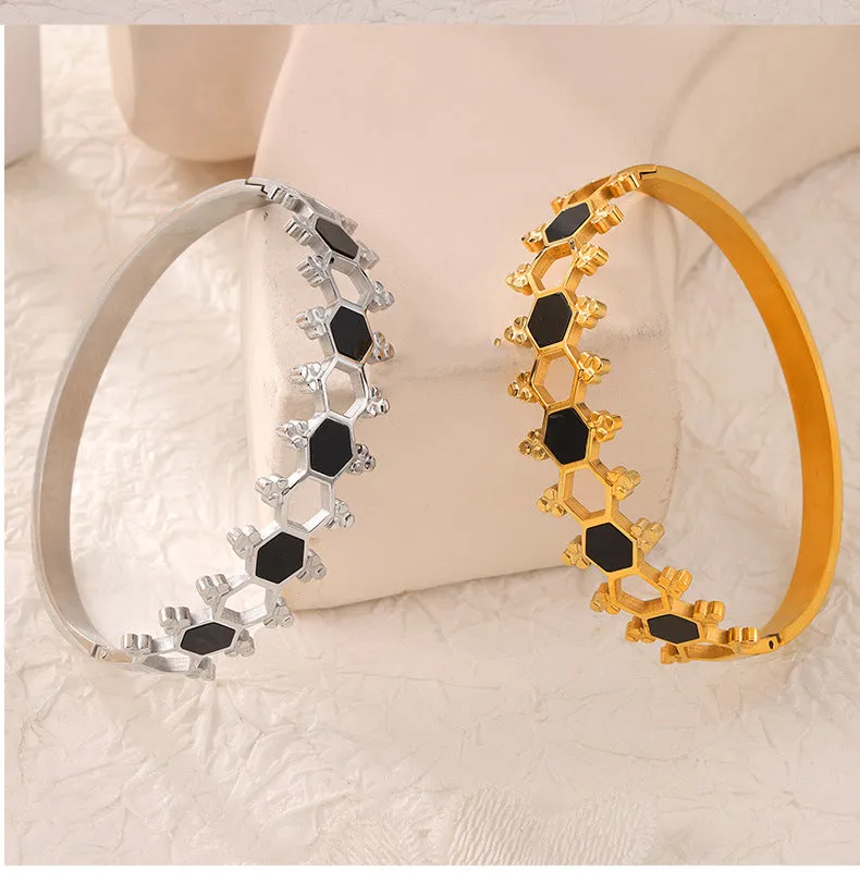 Hexagonal Acrylic Design Gold-Plated Steel Bracelet