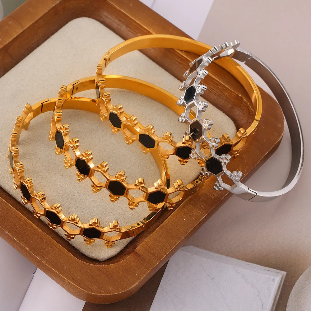 Hexagonal Acrylic Design Gold-Plated Steel Bracelet