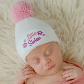 ilybean Floral Little Sister with Pink Pom Pom Newborn Girl Hospital Hat - White Hat