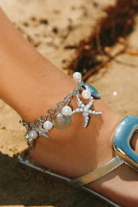 Island Girl Sea Shell and Starfish Charm Anklet - Silver