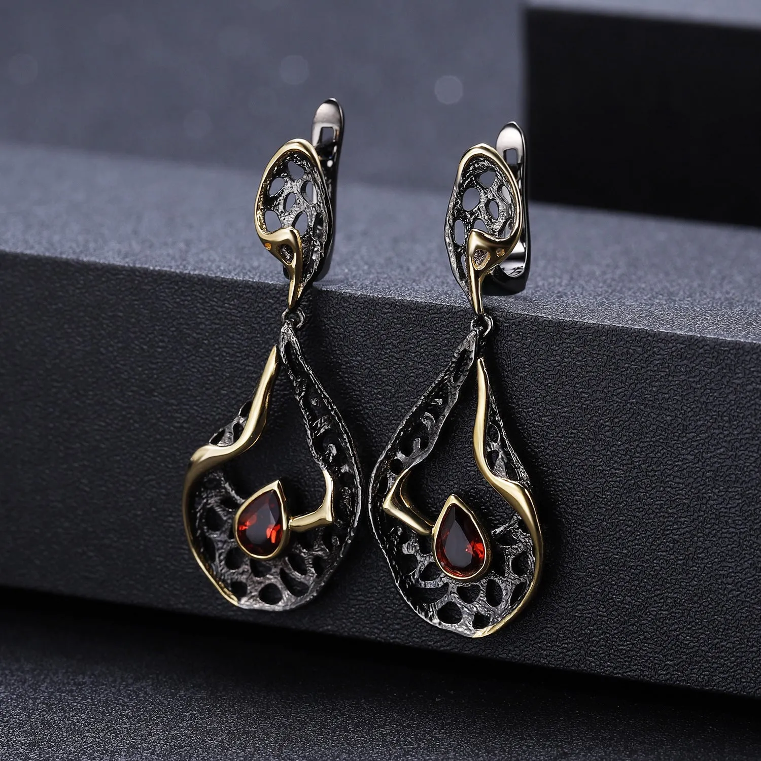 Italian Antique Premium Style Inlaid Natural Colourful Gemstone Creative Shape Silver Drop Earrings for Women