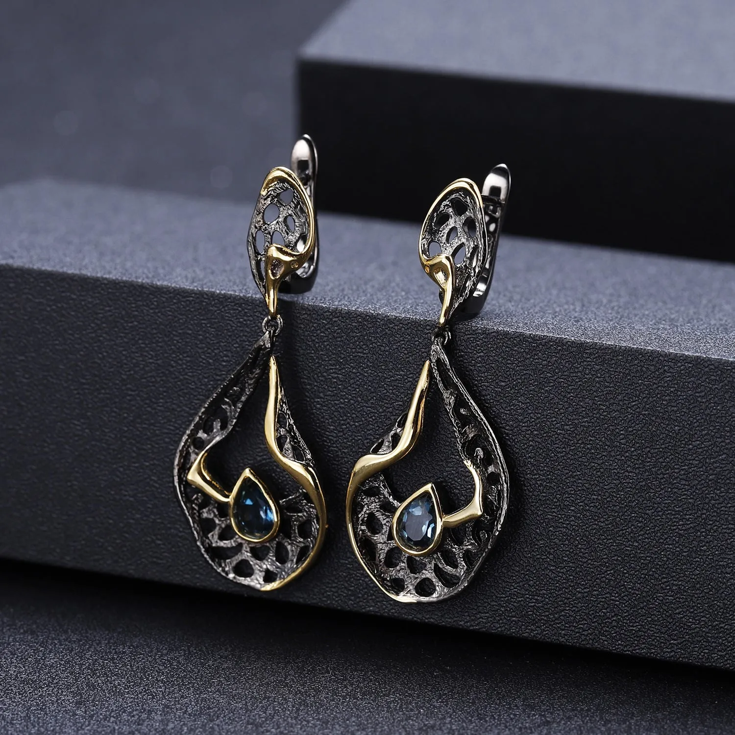 Italian Antique Premium Style Inlaid Natural Colourful Gemstone Creative Shape Silver Drop Earrings for Women