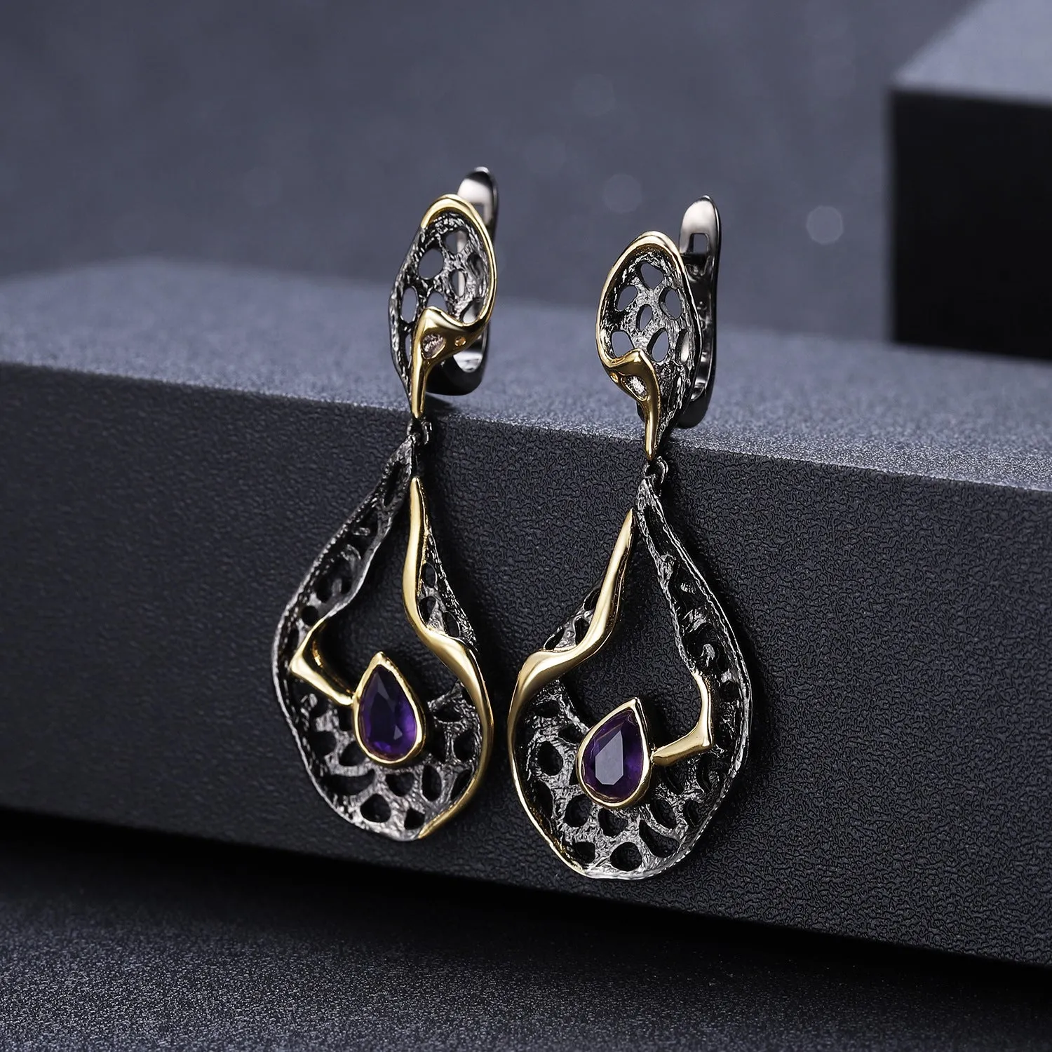 Italian Antique Premium Style Inlaid Natural Colourful Gemstone Creative Shape Silver Drop Earrings for Women