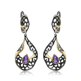 Italian Antique Premium Style Inlaid Natural Colourful Gemstone Creative Shape Silver Drop Earrings for Women