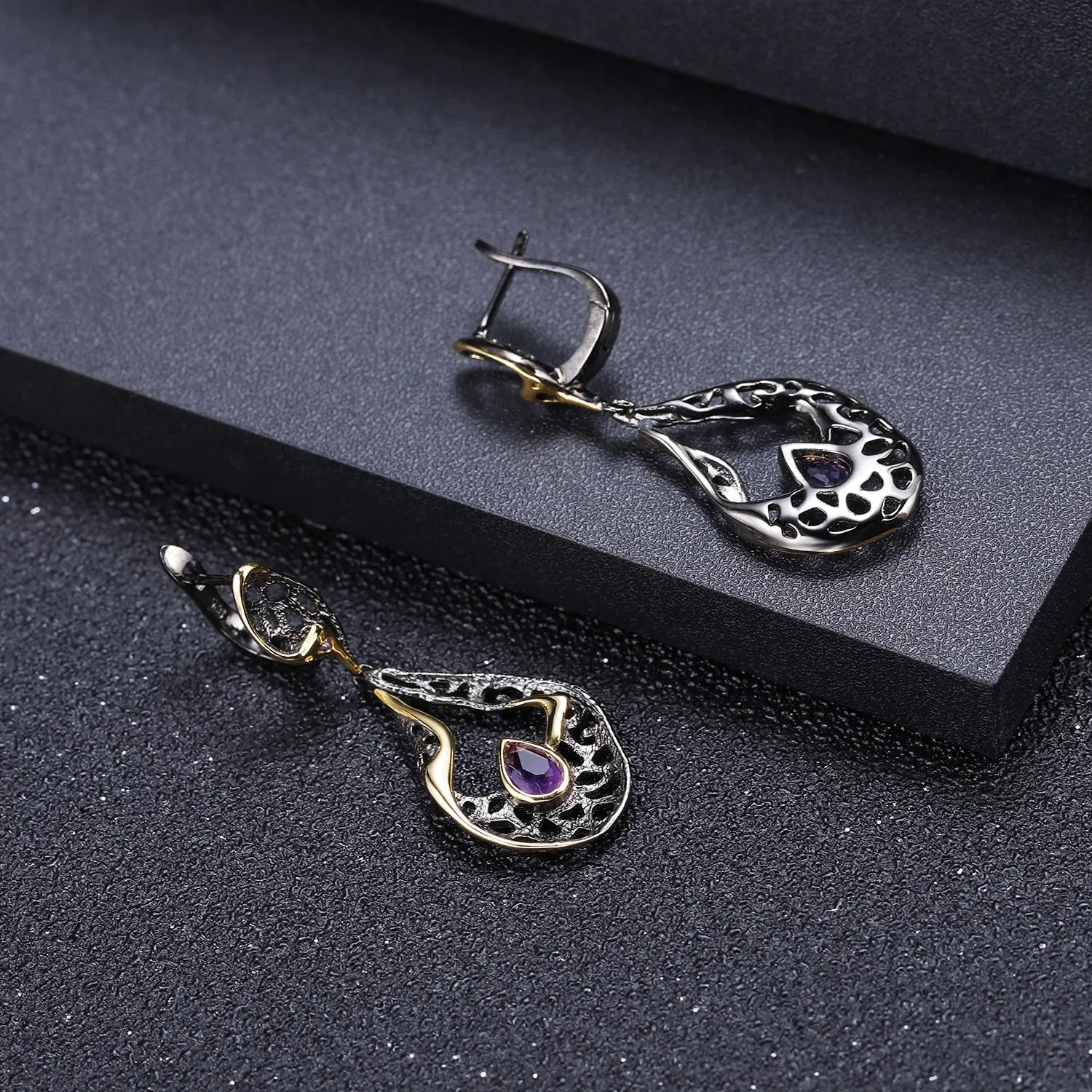 Italian Antique Premium Style Inlaid Natural Colourful Gemstone Creative Shape Silver Drop Earrings for Women