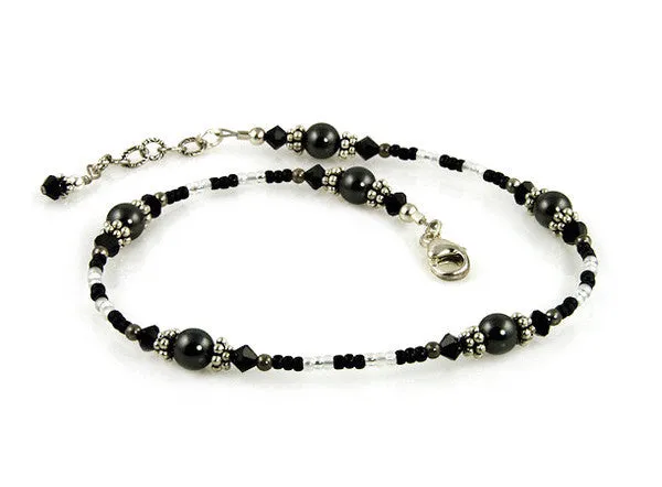 Jet Black Crystal Pearl Beaded Anklet