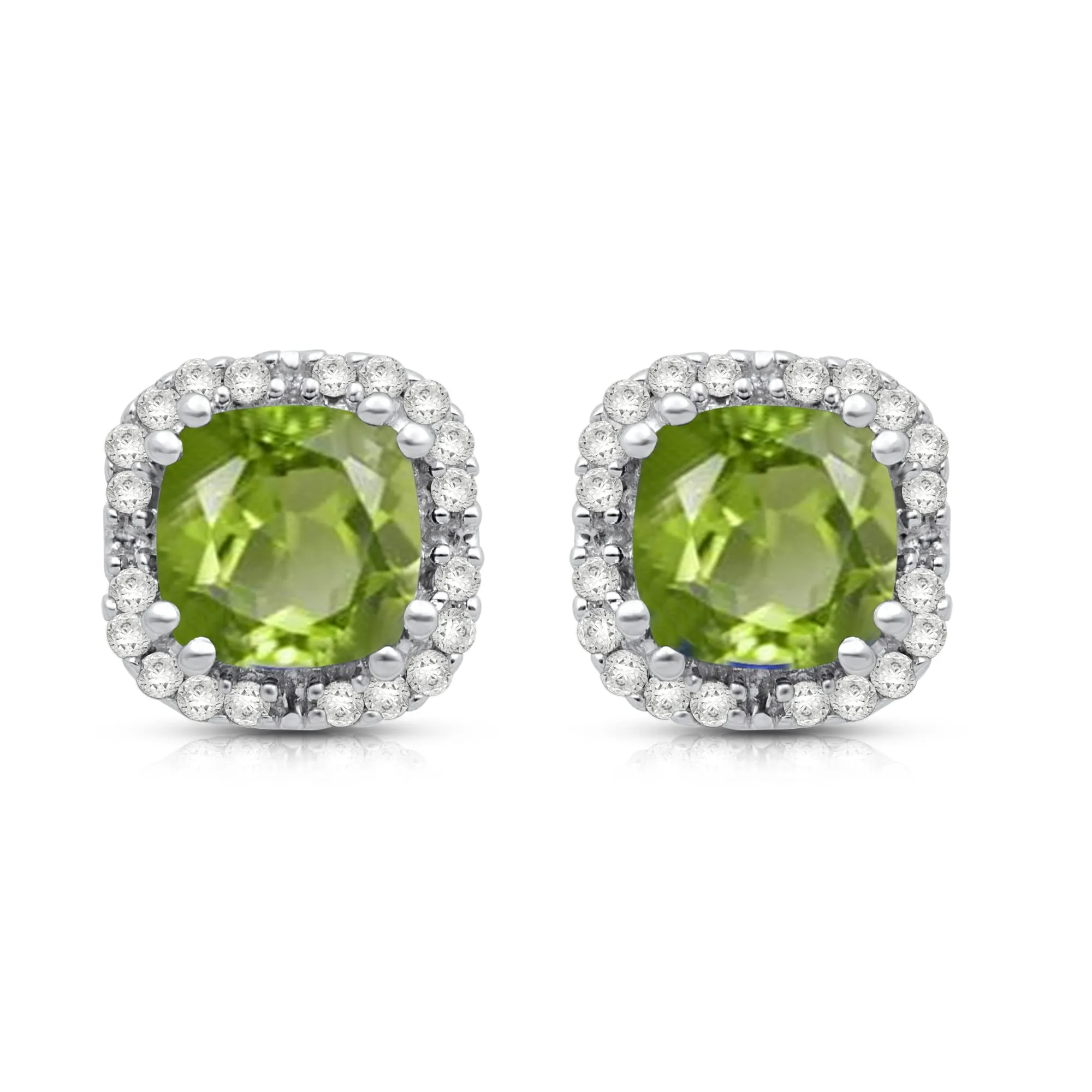 Jewelili 10K White Gold with 1/10 CTTW Round Natural Diamonds and Cushion Cut Peridot Stud Earrings