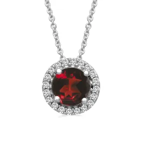 Jewelili Sterling Silver Checker Board Round Garnet and Round Created White Sapphire Pendant Necklace