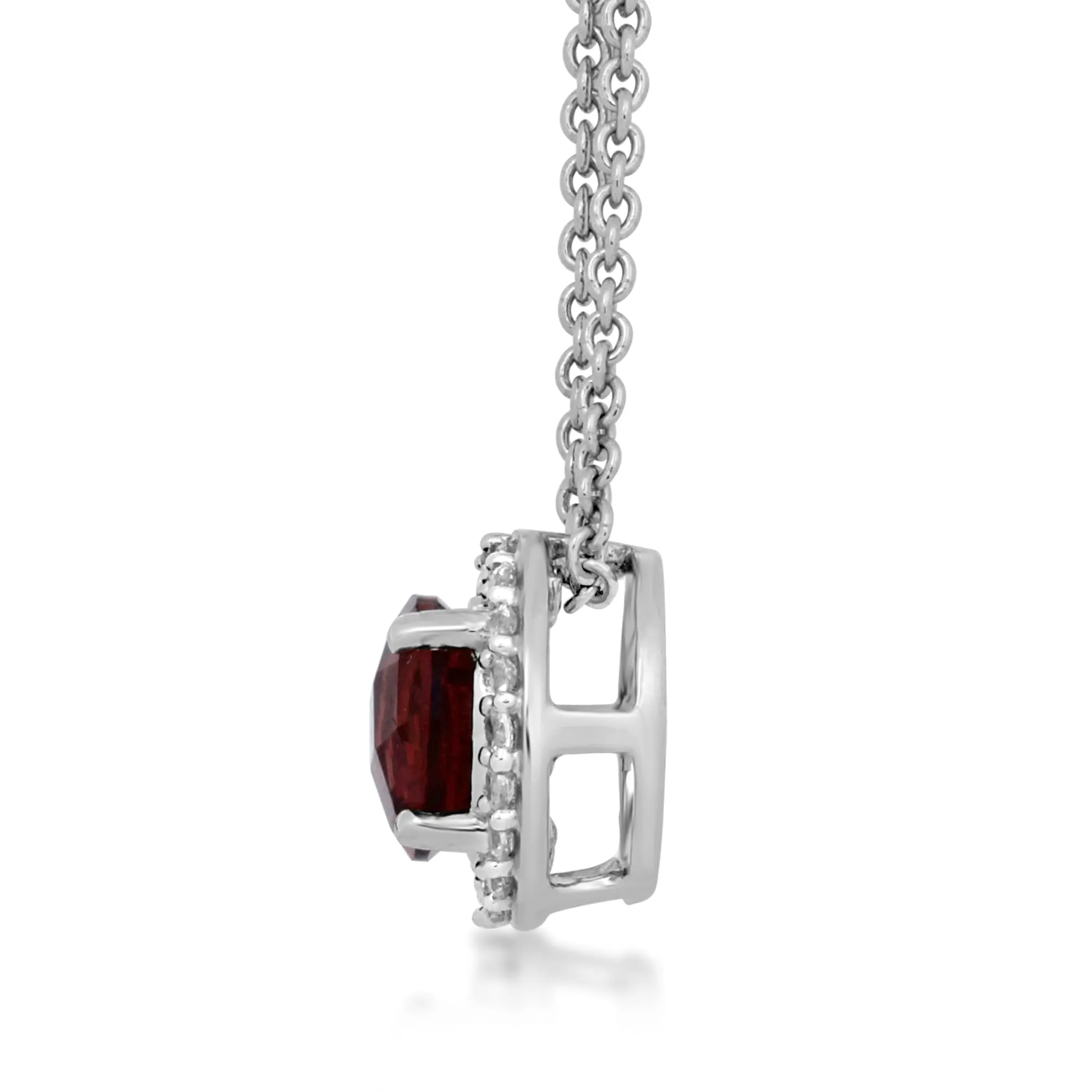 Jewelili Sterling Silver Checker Board Round Garnet and Round Created White Sapphire Pendant Necklace