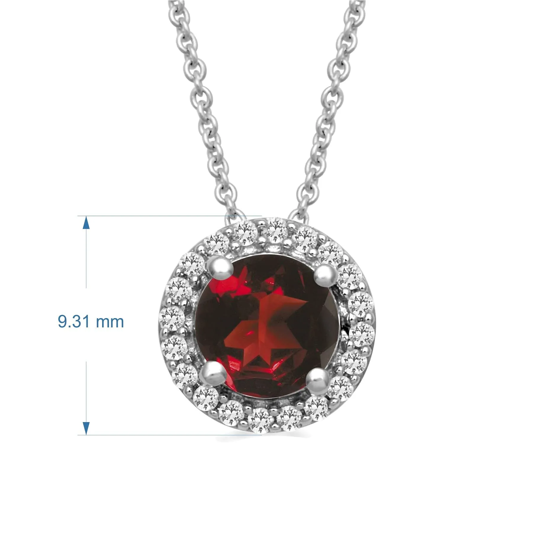 Jewelili Sterling Silver Checker Board Round Garnet and Round Created White Sapphire Pendant Necklace