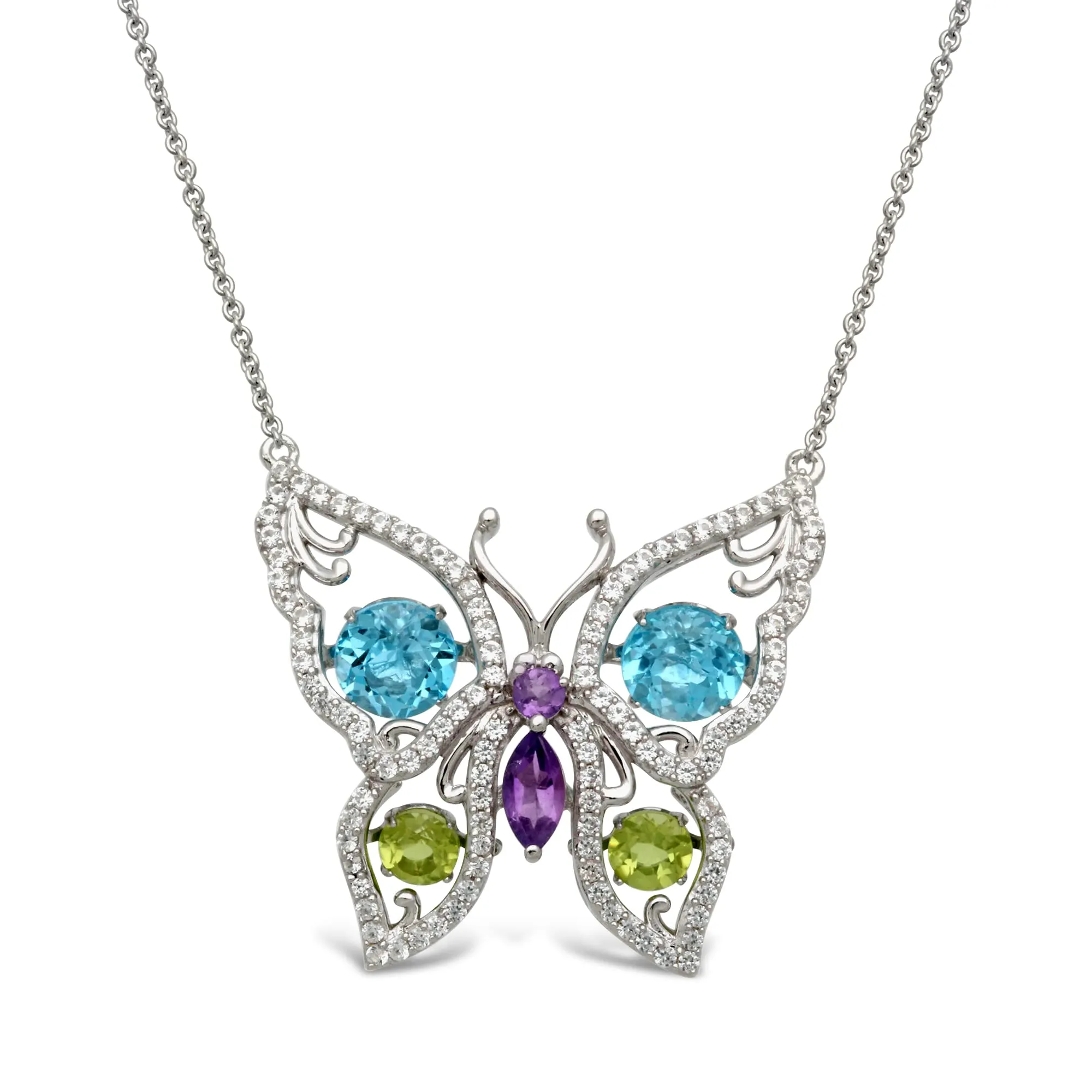 Jewelili Sterling Silver With Amethyst, Peridot, Swiss Blue Topaz and Created White Sapphire Butterfly Pendant Necklace