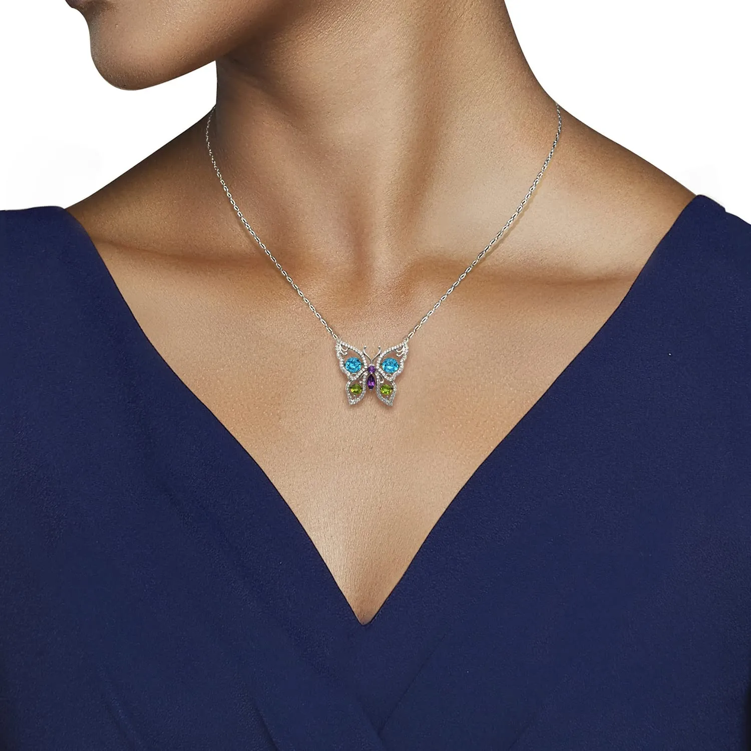 Jewelili Sterling Silver With Amethyst, Peridot, Swiss Blue Topaz and Created White Sapphire Butterfly Pendant Necklace