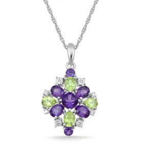 Jewelili Sterling Silver With Cushion Shape, Pear Shape and Oval Shape Amethyst with Peridot and Natural White Round Diamonds Pendant Necklace, 18" Rope Chain