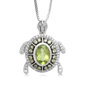 Jewelili Sterling Silver With Oval Shape Peridot and Round Created White Sapphire Turtle Pendant Necklace