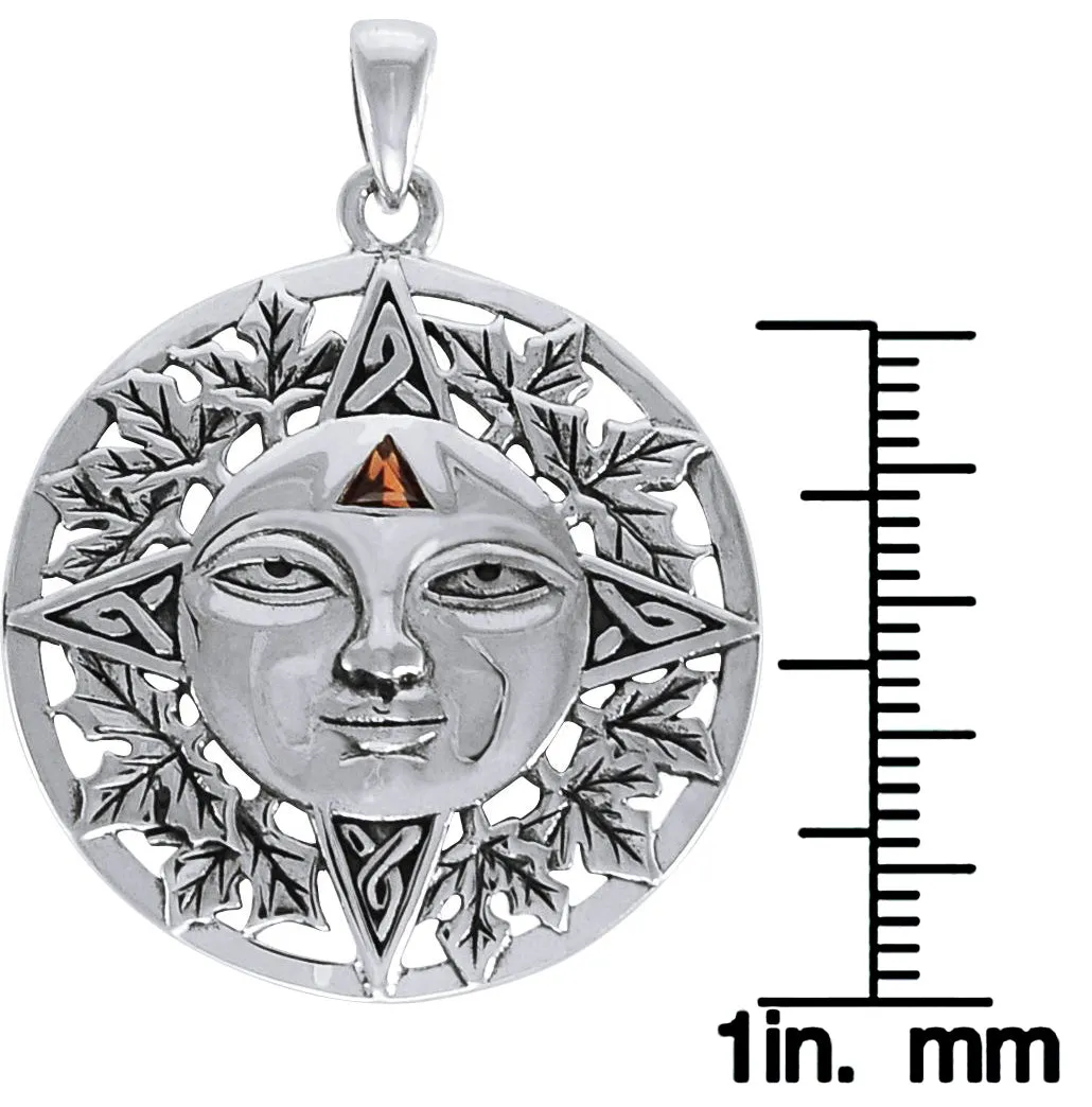 Jewelry Trends Sterling Silver Autumn Sun Face Celtic Mediallion Pendant with Garnet on 18 Inch Box Chain Necklace