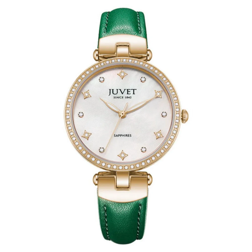 JUVET 7010 Classic Ladies Pearl Face Watch with Diamond Bezel 30m Waterproof - Retro Green A2