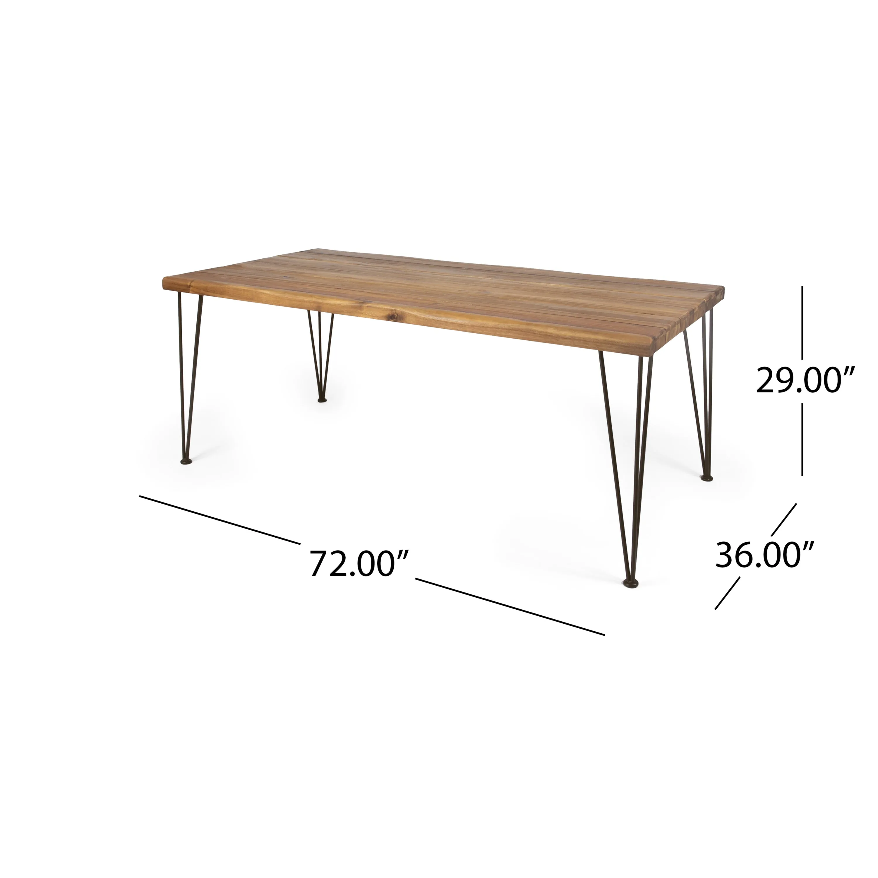 Kama Patio Dining Table, Rectangular, 72", Acacia Wood Table Top, Rustic Iron Hairpin Legs, Teak Finish