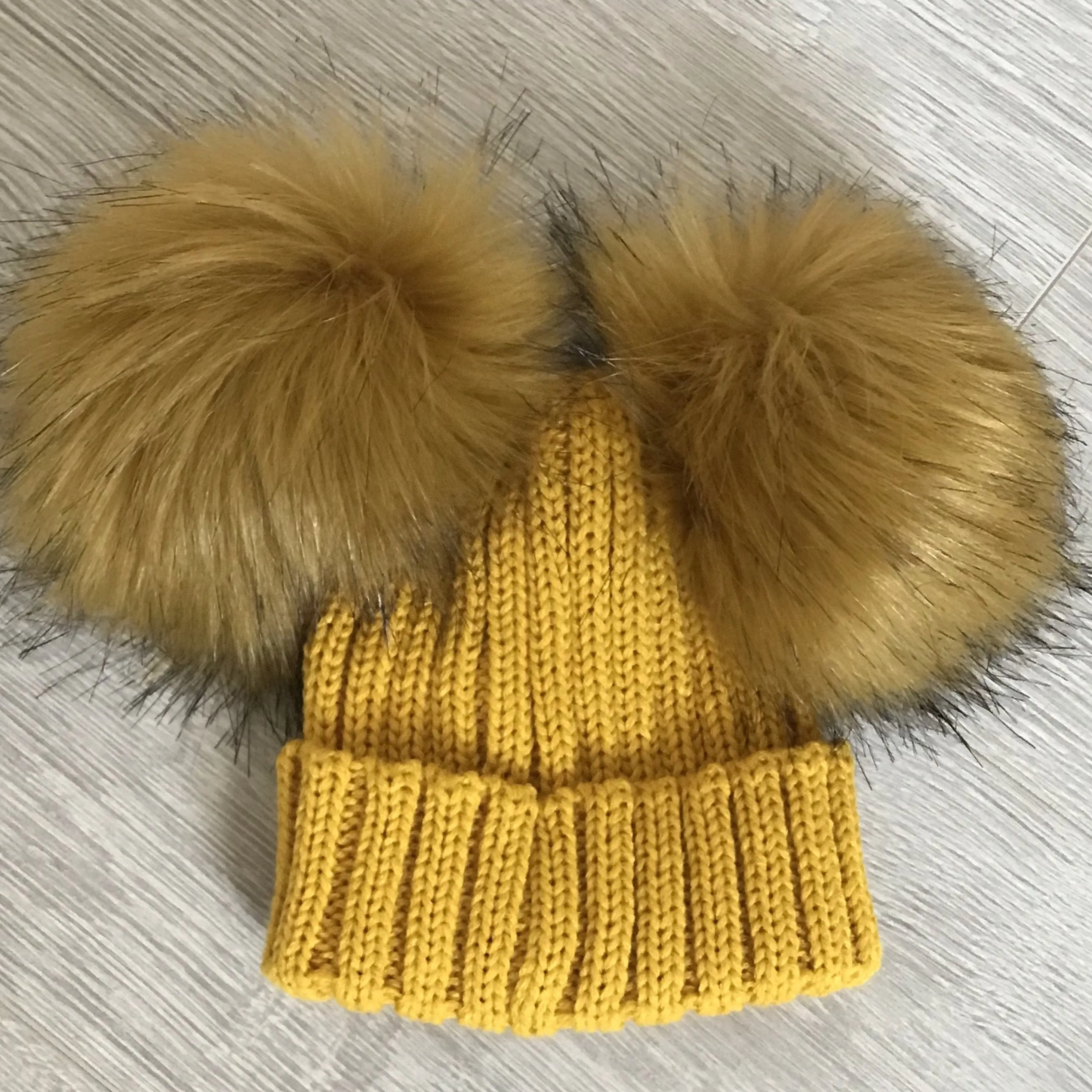 Kinder Faux Fur Double Pompom Ribbed Hat Mustard