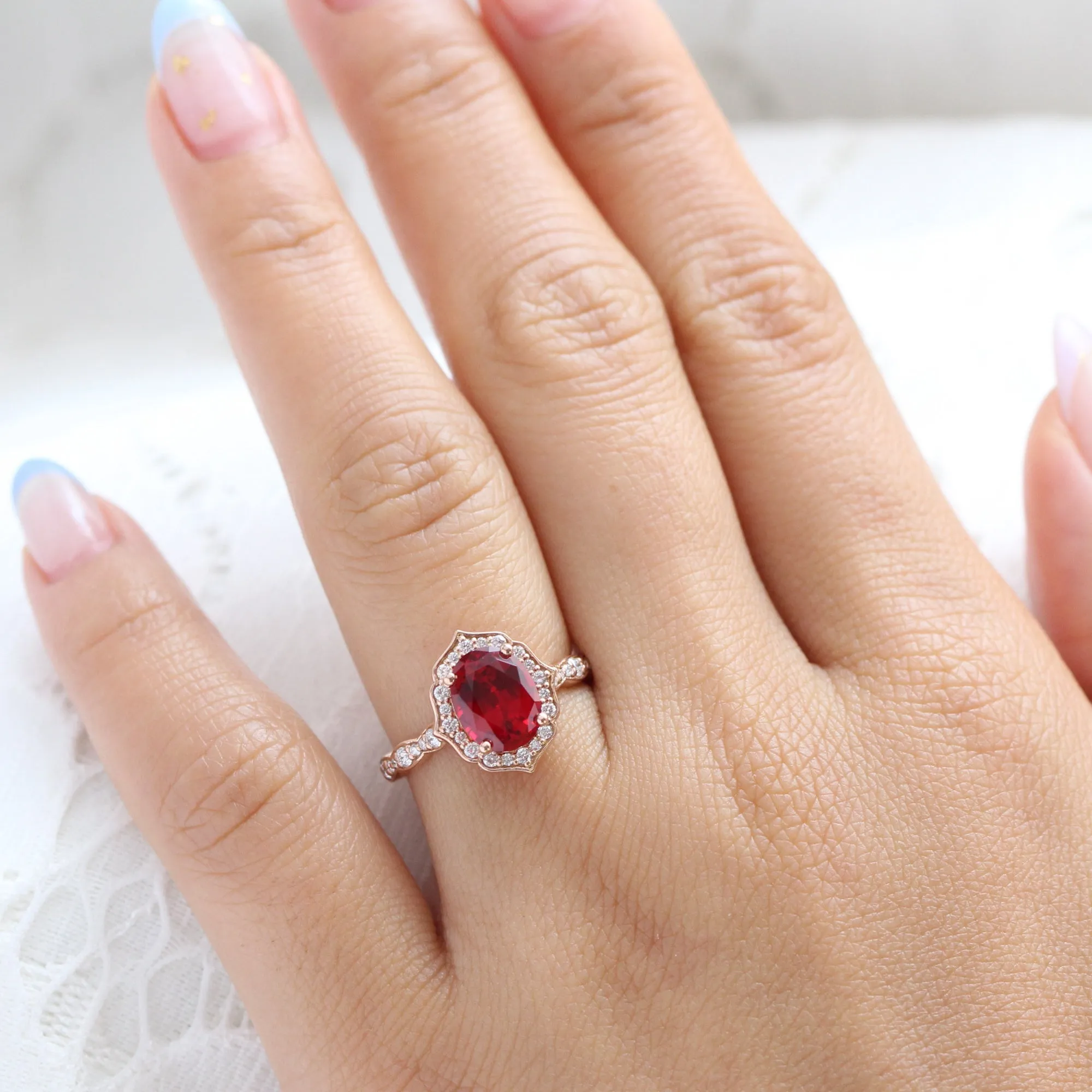 Large Oval Ruby Diamond Ring in Vintage Floral Scalloped Band