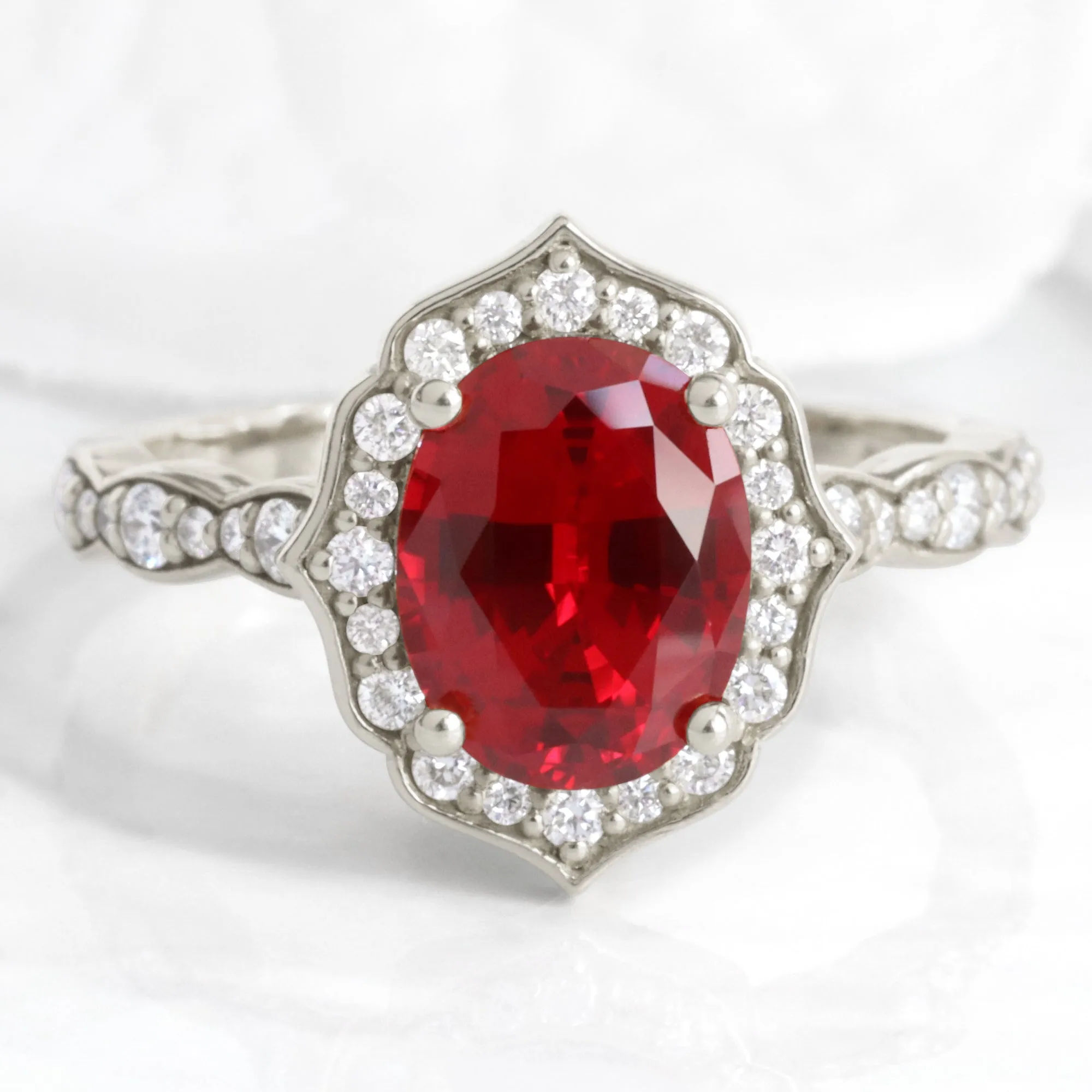 Large Oval Ruby Diamond Ring in Vintage Floral Scalloped Band